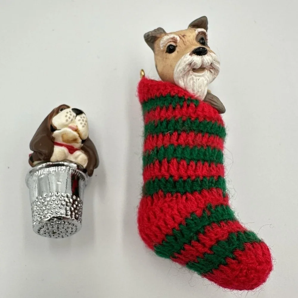 Vintage‎ Hallmark Thimble Puppy Doggy In A Stocking Dog Ornaments Set 2 W Boxes